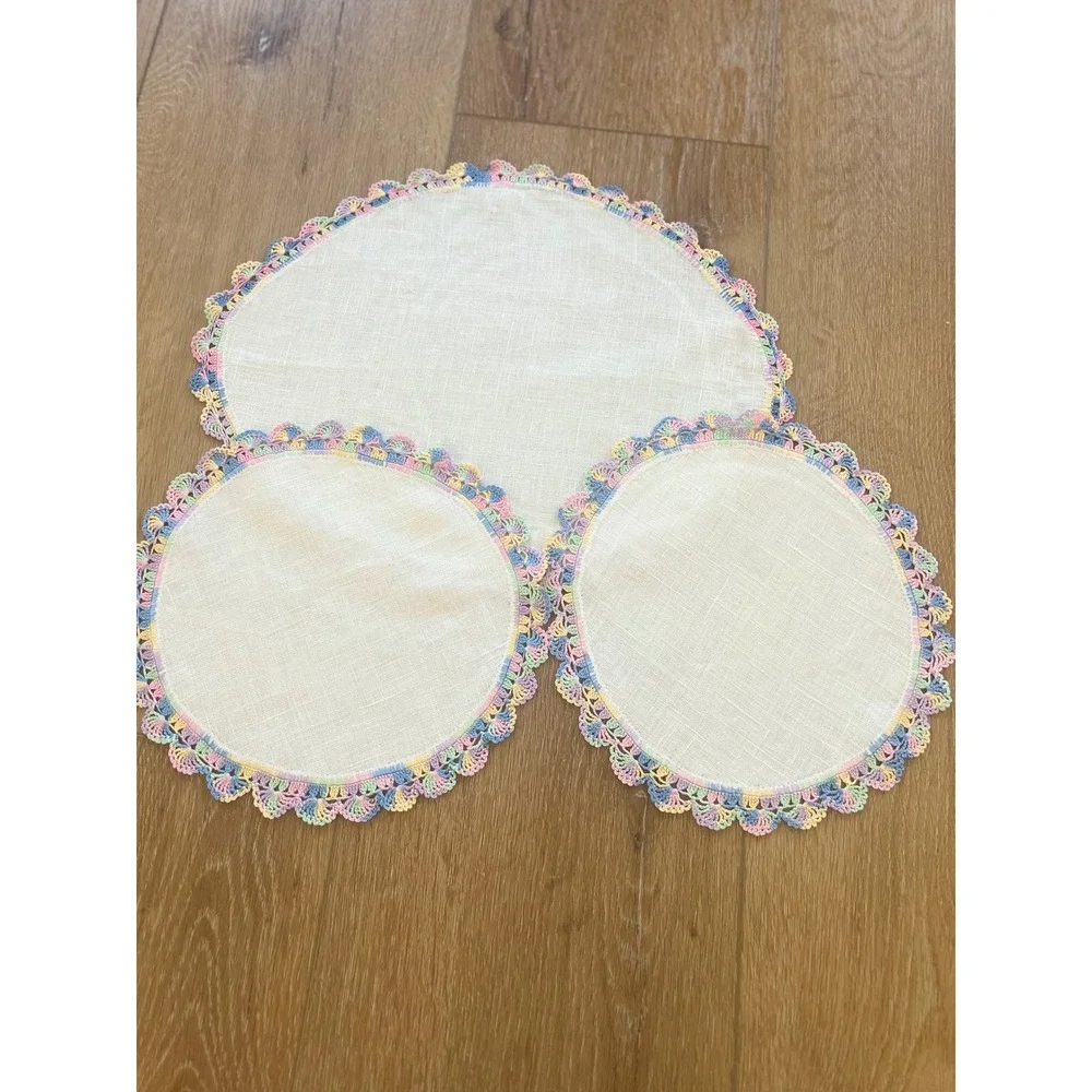 Vintage Linen Doilies Set of 3 Pastel Rainbow Crochet Lace Trim Scalloped Edge